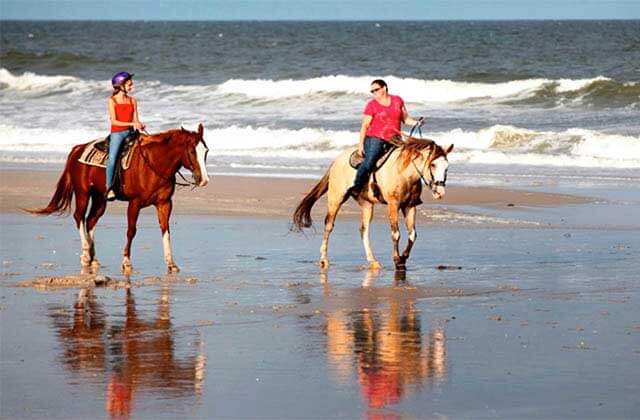 two women ride horses along the beach at north east beaches