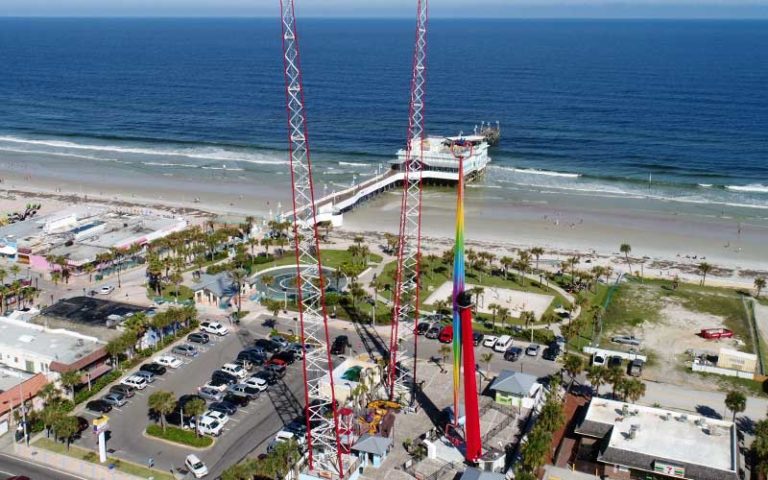 aerial of beach with two towers and pier at daytona beach slingshot