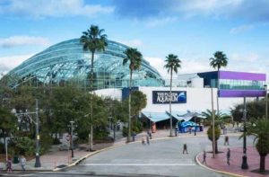 exterior of building with glass dome and palm trees at florida aquarium tampa