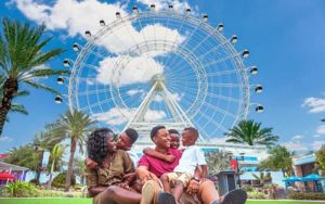 family sits on lawn in front of observation wheel at icon park orlando post