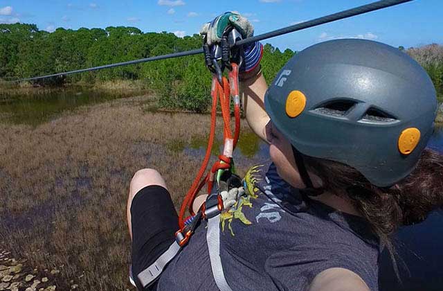 helmeted zipliner soaring over the marsh at brevard zoo melbourne