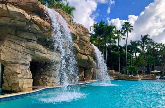 pool area with large boulders and waterfalls at seminole hard rock hotel casino hollywood florida