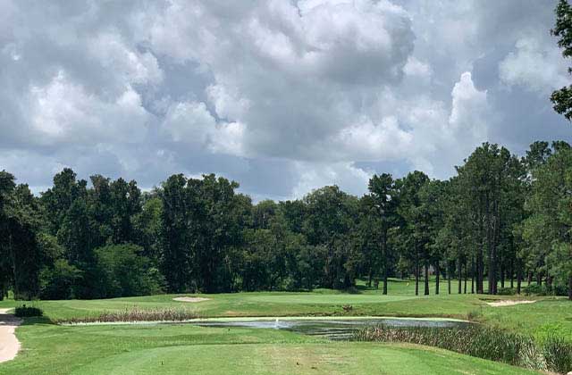 putting green with water hazard and tree line at ocala national golf club