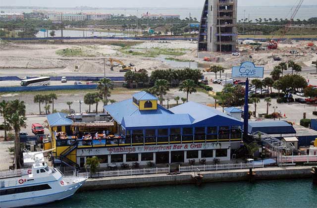 aerial view of waterfront restaurant at fish lips cocoa beach