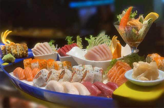 boat platter with varieties of sushi at sushi yama asian bistro boca raton