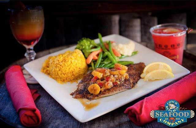 colorful entree of fish rice and sides at conch republic seafood company key west