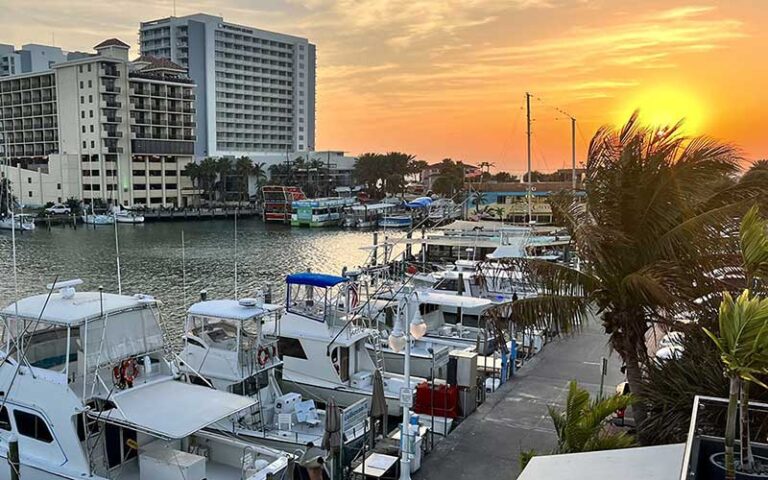orange sunset over marina and hotels at salt cracker fish camp clearwater beach