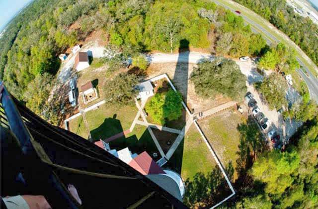 view from top of lighthouse of grounds trees and parking at pensacola lighthouse florida