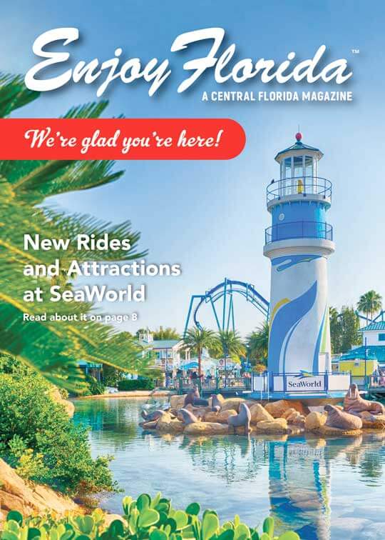 enjoy florida magazine cover a central florida magazine we're glad you're here new rides and attractions at sea world read about it on page 8 featuring sea world light house roller coasters over blue water with green tree