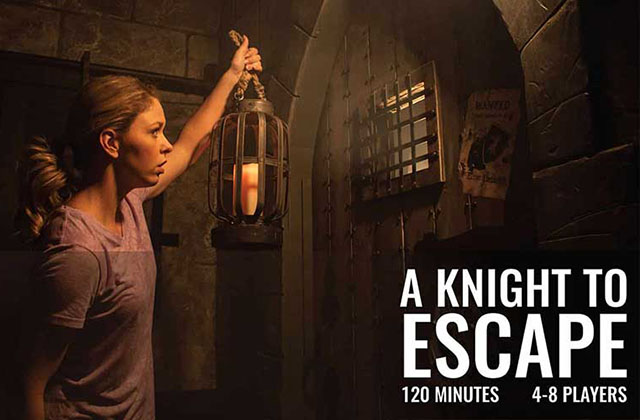 girl holding lantern in dungeon wording a knight to escape at the escape effect orlando