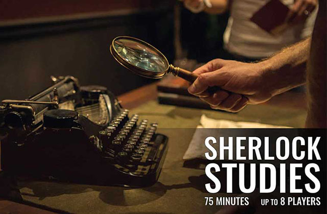 typewriter and magnifying glass with wording sherlock studies at the escape effect orlando