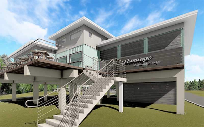 artist rendering of elevated modern restaurant design for flamingo everglades post