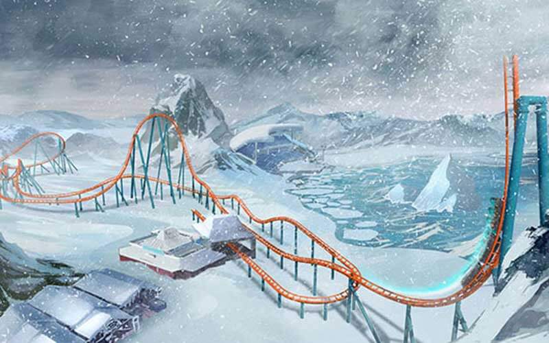 artist drawing of roller coaster in front of mountains in the snow