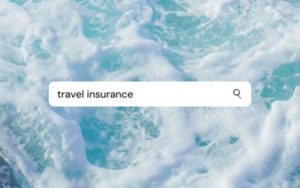 internet search field with travel insurance and blue wave background