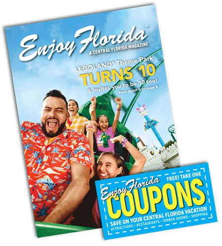 Cover of Enjoy Florida Magazine with Legoland Dragon Coaster and cover of Coupon booklet
