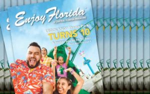 stack of enjoy florida magazine covers with legoland turns 10 and coaster with family