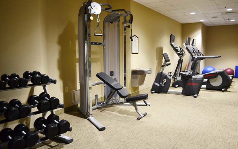 gym exercise room hotel amenity with weights cardio and yoga balls at rosen inn