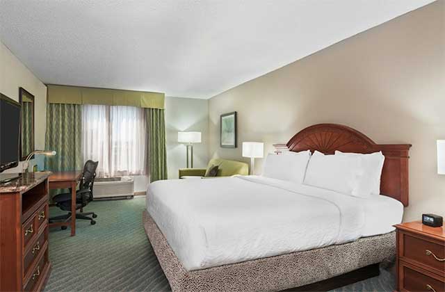 hotel room with king size bed and green accents at hilton garden inn orlando international drive north