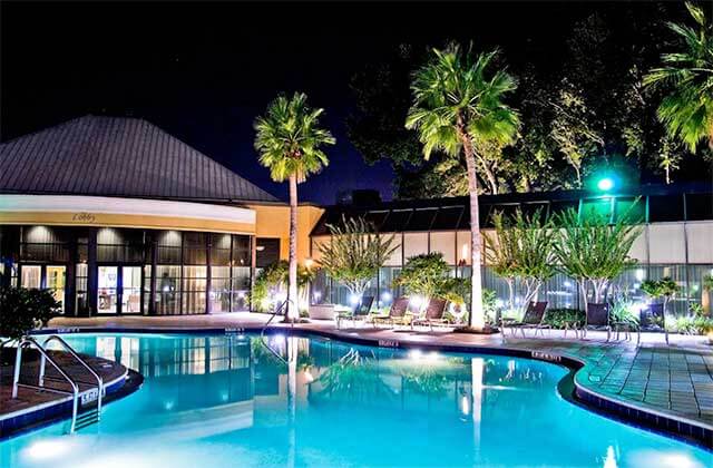 uplighted pool area at night with palm trees at wyndham orlando resort and conference center celebration area