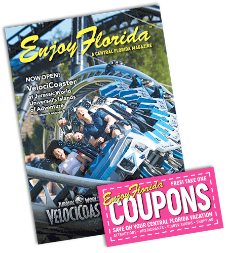 enjoy florida magazine cover with riders on blue swirling roller coaster on jurassic world veloci-coaster at islands of adventure universal orlando resort and pink coupon booklet