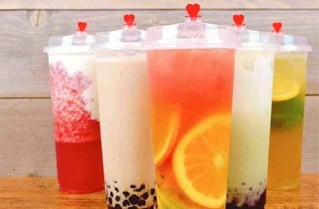 five varieties of boba tea with heart straws at crack n roll restaurant kissimmee