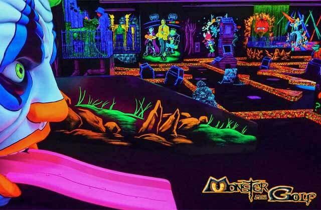 black light effects putt putt with clown tongue golf hole at monster mini golf coral springs