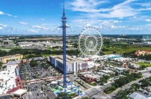 aerial view of attractions including icon park hotels top golf sleuths and clear blue sky with wisps of clouds for international drive district destination feature