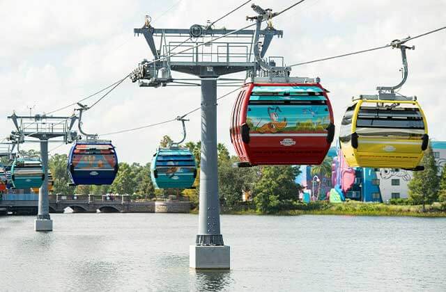 colorful skyliner gondola across water with themed cars of disney characters and hotels in background at walt disney world resorts