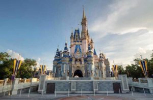front exterior of cinderella castle with 5oth anniversary decoration in magic kingdom park at walt disney world resorts