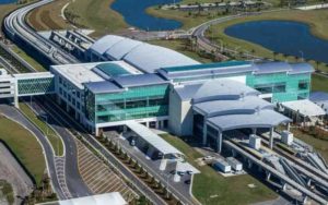 aerial view of express train station at orlando international airport for brightline train opening 2022 blog