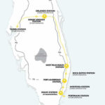 map of florida highlighting the fast brightline train stations in miami, fort lauderdale, west palm beach, orlando, disney springs, and tampa