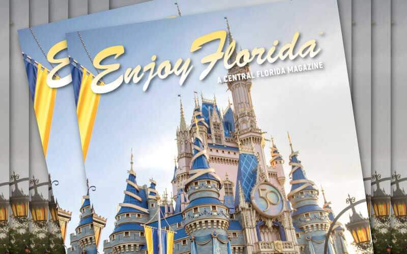 many copies of the enjoy florida magazine fanned out with the magazine cover showing the walt disney world cinderellas castle decorated for the 50th anniversary and text reading enjoy florida a central florida magazine