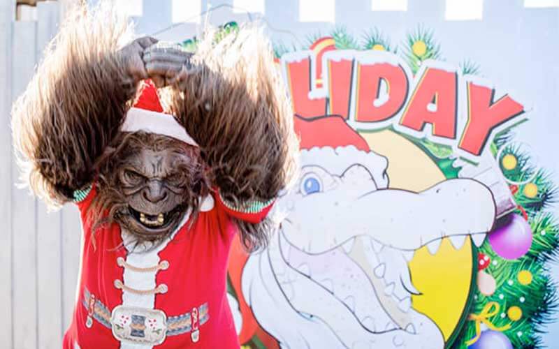 skunk ape character dressed like santa for holidays event at gatorland holidays in orlando blog