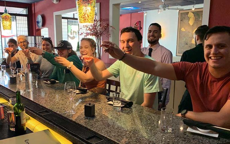 A diverse group of young adult males and femals sit at a bar top toasting on a wine tour