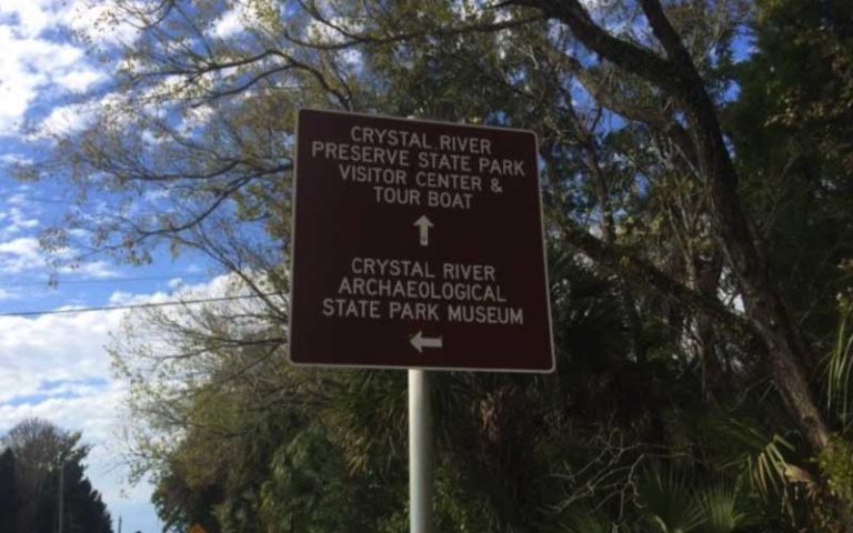 park sign for visitor center at crystal river preserve state park