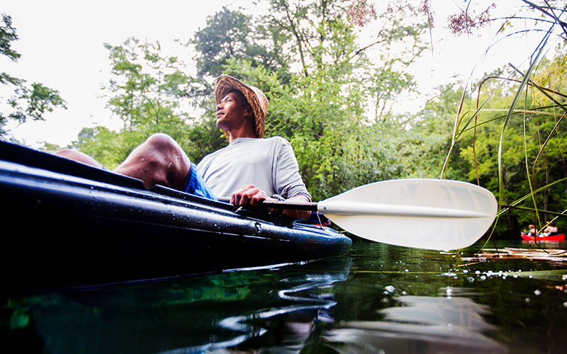 relaxed man with straw hat in blue kayak holding paddle viewed from below with water and tropical trees for incredible kayaking in florida from enjoy florida blog