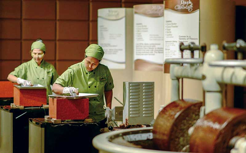 two uniformed women working on assembly line with chocolate at chocolate kingdom factory tour for enjoy florida blog