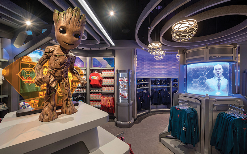 groot figurine in store with souvenirs and apparel at guardians of the galaxy epcot disney park