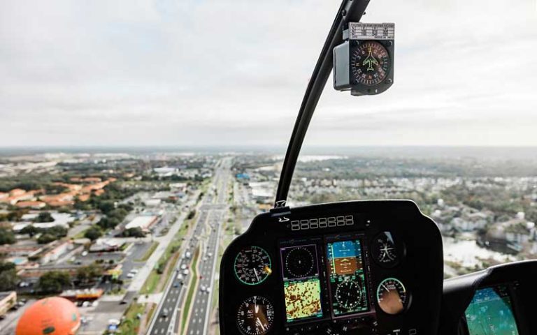cockpit of helicopter with aerial view road at orlando helicopter adventures kissimmee