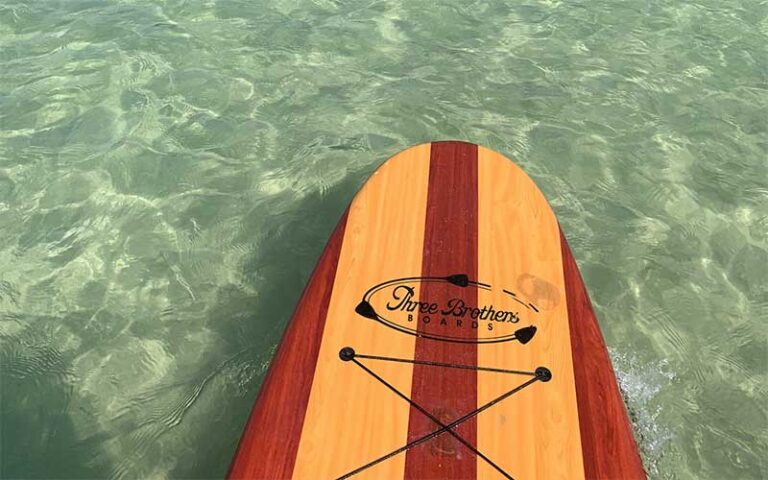 red striped board with logo on clear green water at three brothers adventure tours naples