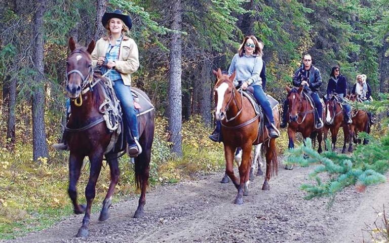 row of horseback riders on forest trail wearing warm clothes at green lakes farm kissimmee