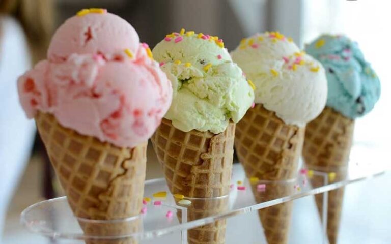 row of waffle cones with different colors and sprinkles at sweet dreams ice cream cafe old town