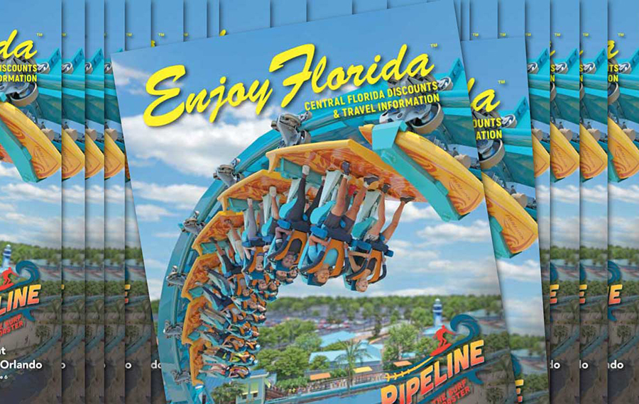 stacks of magazines with looping roller coaster flying through the air at seaworld on enjoy florida magazine cover for summer 2023 things to do in orlando