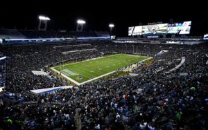 aerial of full stadium for jaguars nfl game at night at tiaa bank field jacksonville