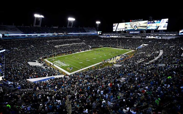 aerial of full stadium for jaguars nfl game at night at tiaa bank field jacksonville