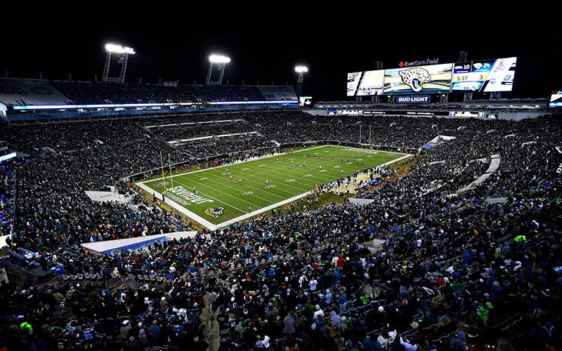 aerial of full stadium for jaguars nfl game at night at tiaa bank field jacksonville