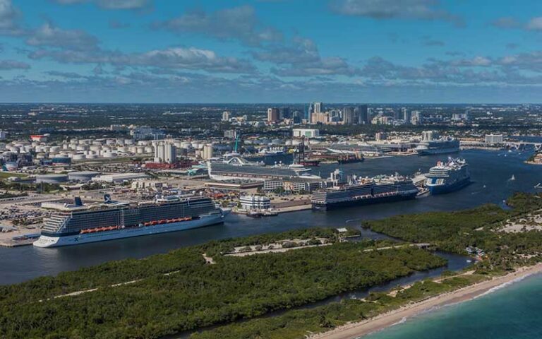 aerial of port from inland with two cruise ships at port everglades ft lauderdale