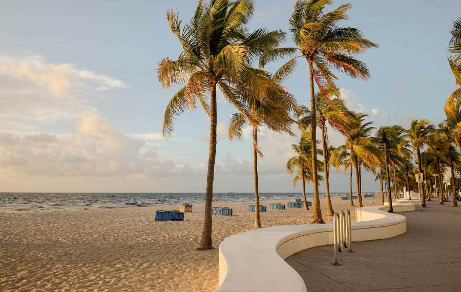 beach on left with white concrete wave wall palm trees and blue chairs