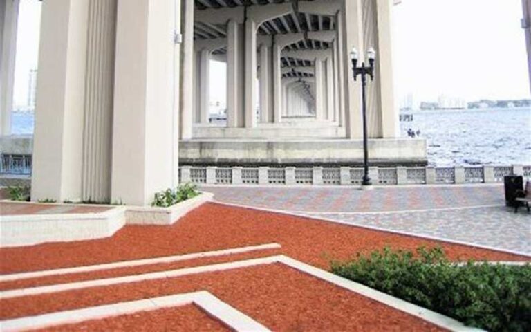 empty plaza under bridge with shrubs and pavement at riverside arts market jacksonville