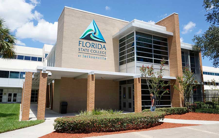 front exterior of florida state college with triangle logo sign for jacksonville fun facts post